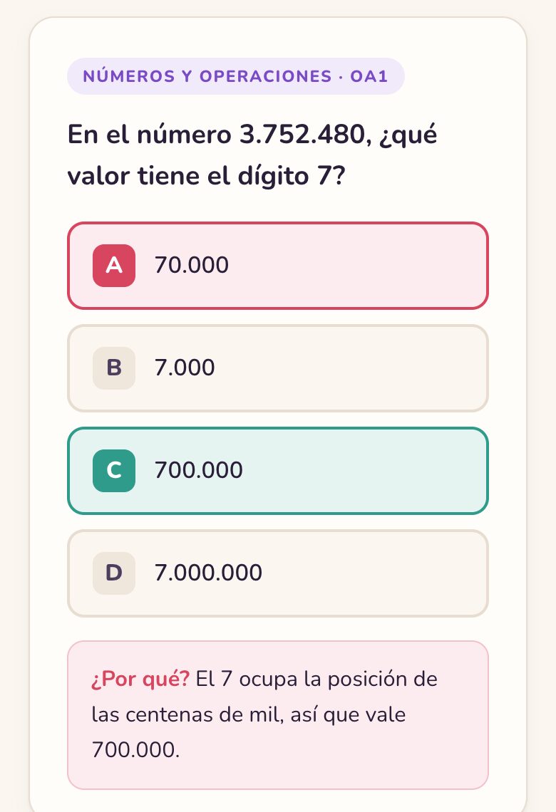 Pregunta de Matemática: el valor del dígito 7 en 3.752.480, con la respuesta correcta marcada y la explicación.